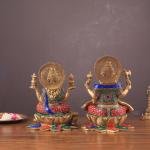 Pure Brass Ganesh Lakshmi Idols Pair with Meenakari Stonework - 12" Height